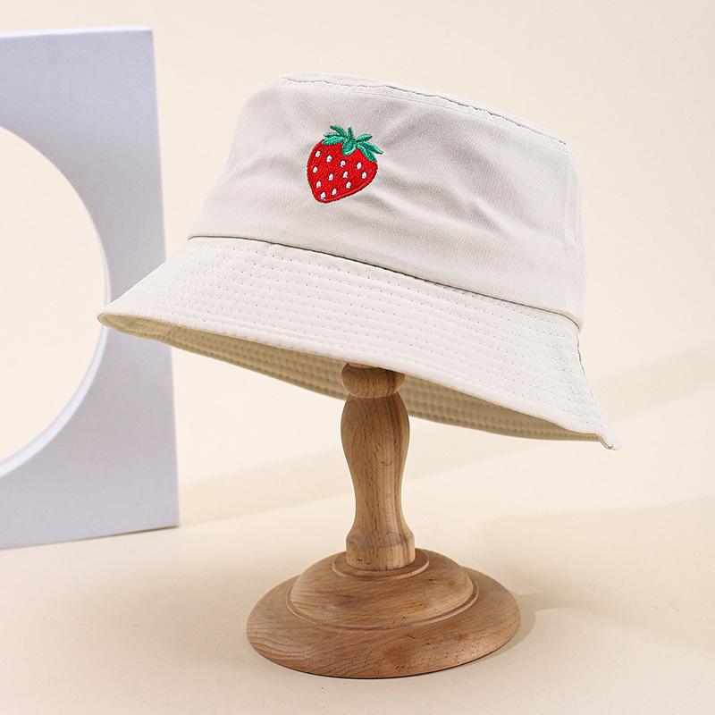 Korean Style Women's Summer Bucket Hat Embroidered Strawberry Casual Foldable Sun Hat for Outdoor Activities