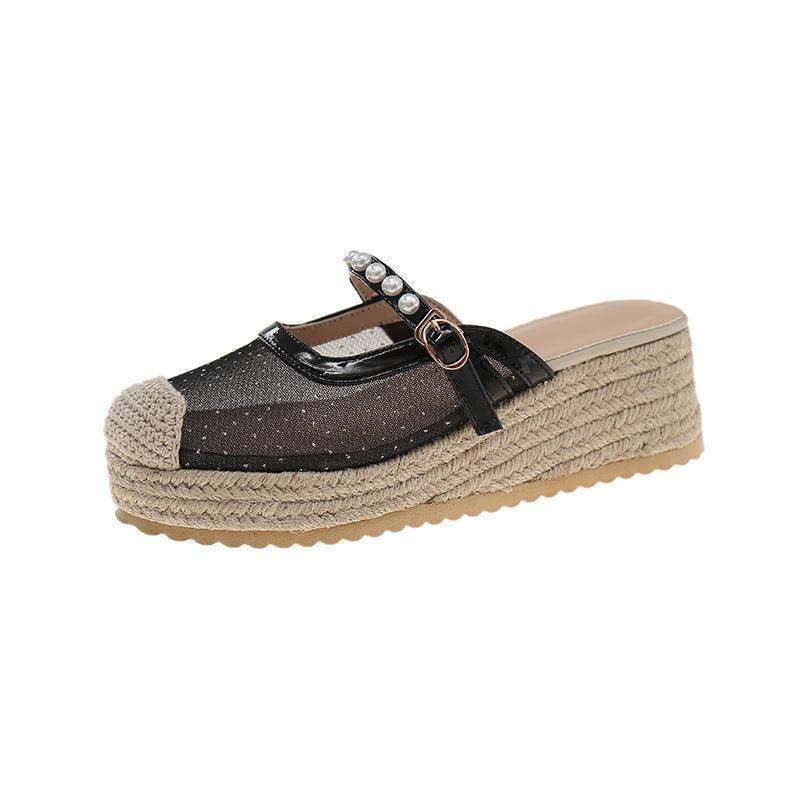 

Slope heel fisherman shoes new Chinese straw muffin bag head slippers women wear thick sole lazy pearl high heel half drag 42 чорний
