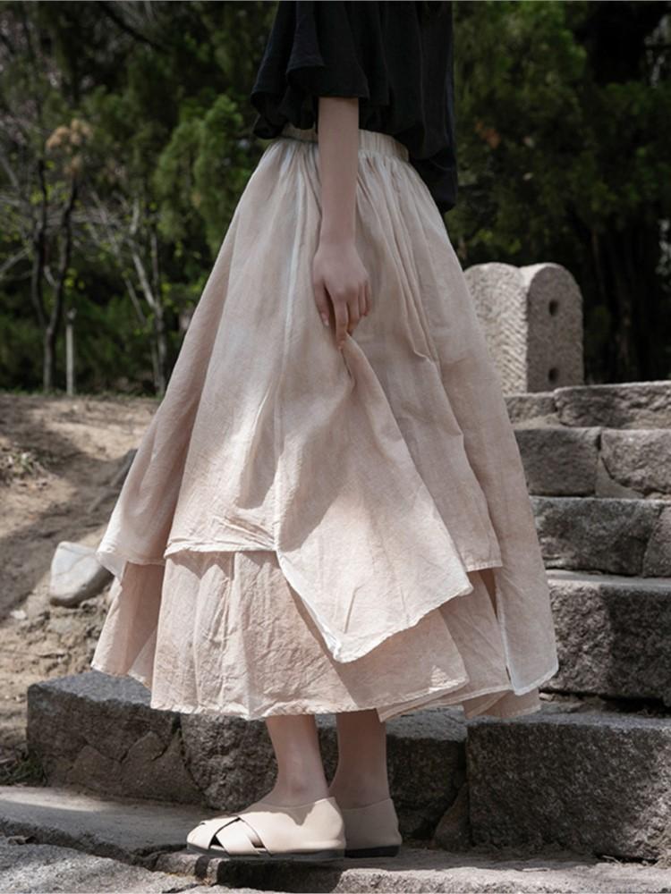Johnature Dámské Vintage Nepravidelné sukně Pružný pas Léto Ležérní Dámské Oblečení Dvojité bavlněné plátěné sukně