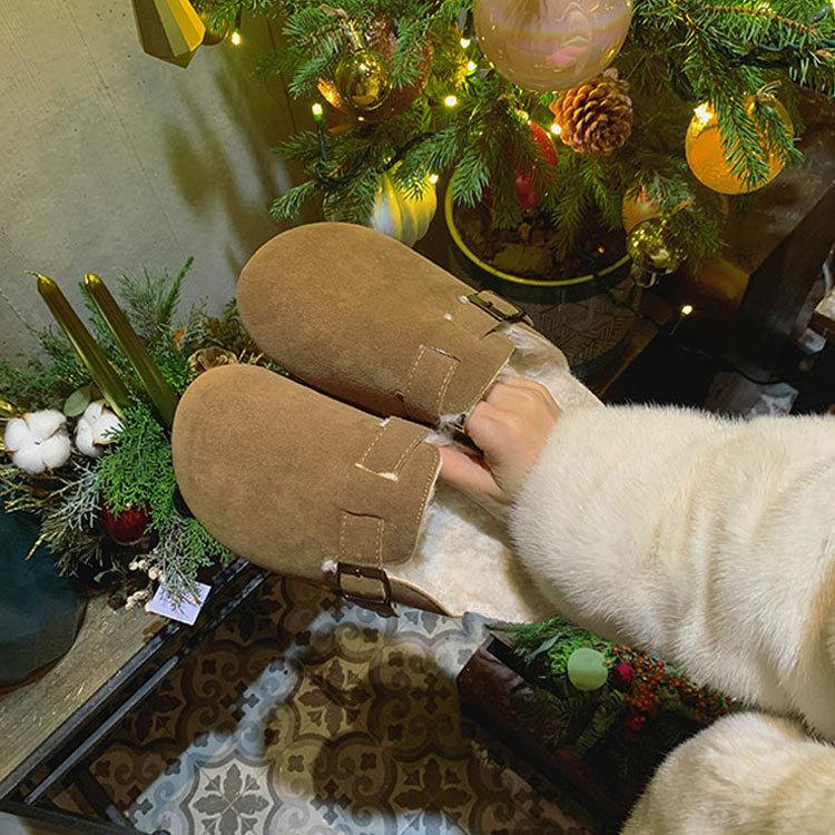 

Leather frosted cotton slippers, outer wear velvet thickened half-drag single shoes, fluffy slippers, winter Boken shoes 35
