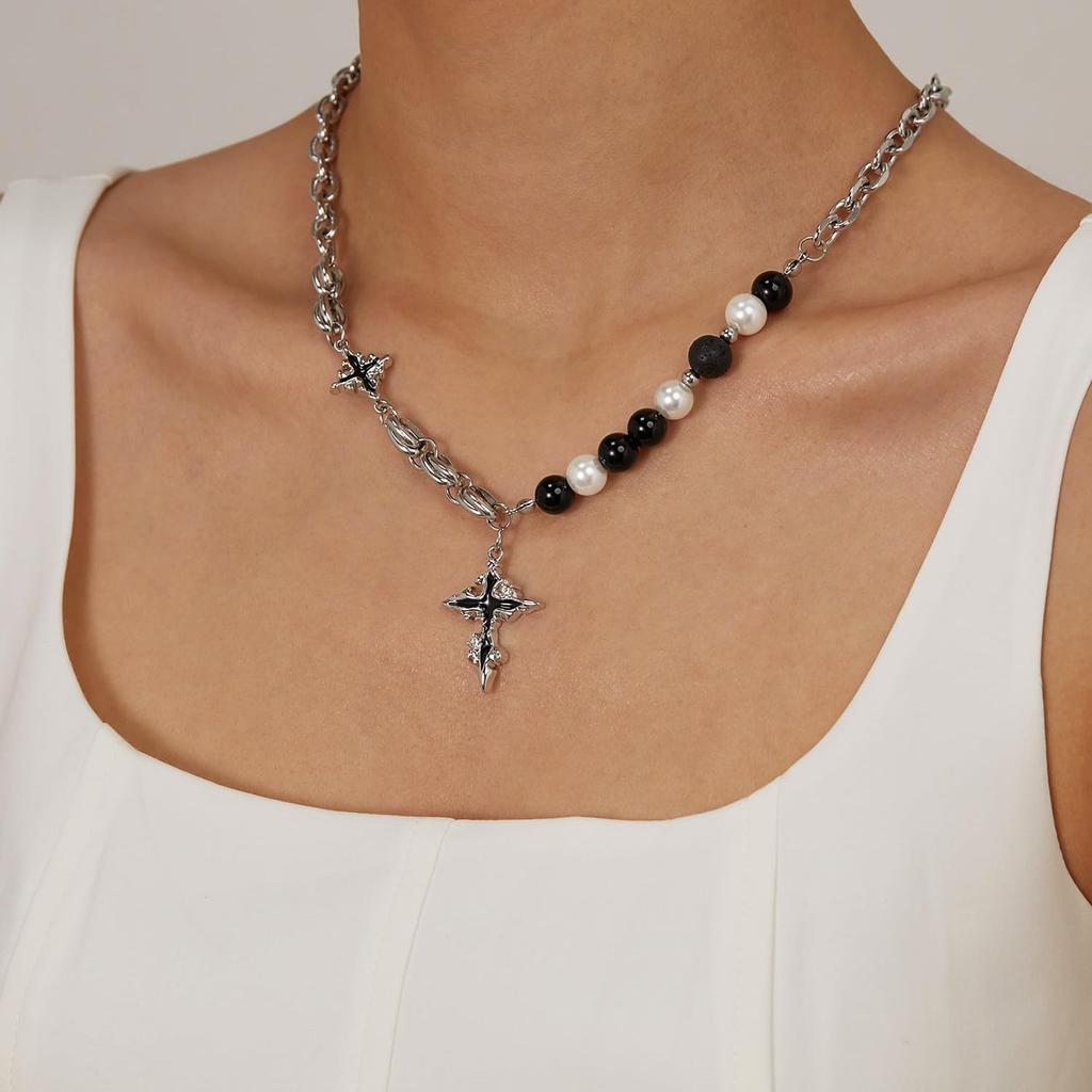 Cross Stainless Pearl Volcanic Rock Silver Chain Long Vintage Cross Gift [Rockyu] Men's Necklace, Steel, & Beads, Pendant, Necklace, Style, Accessory,