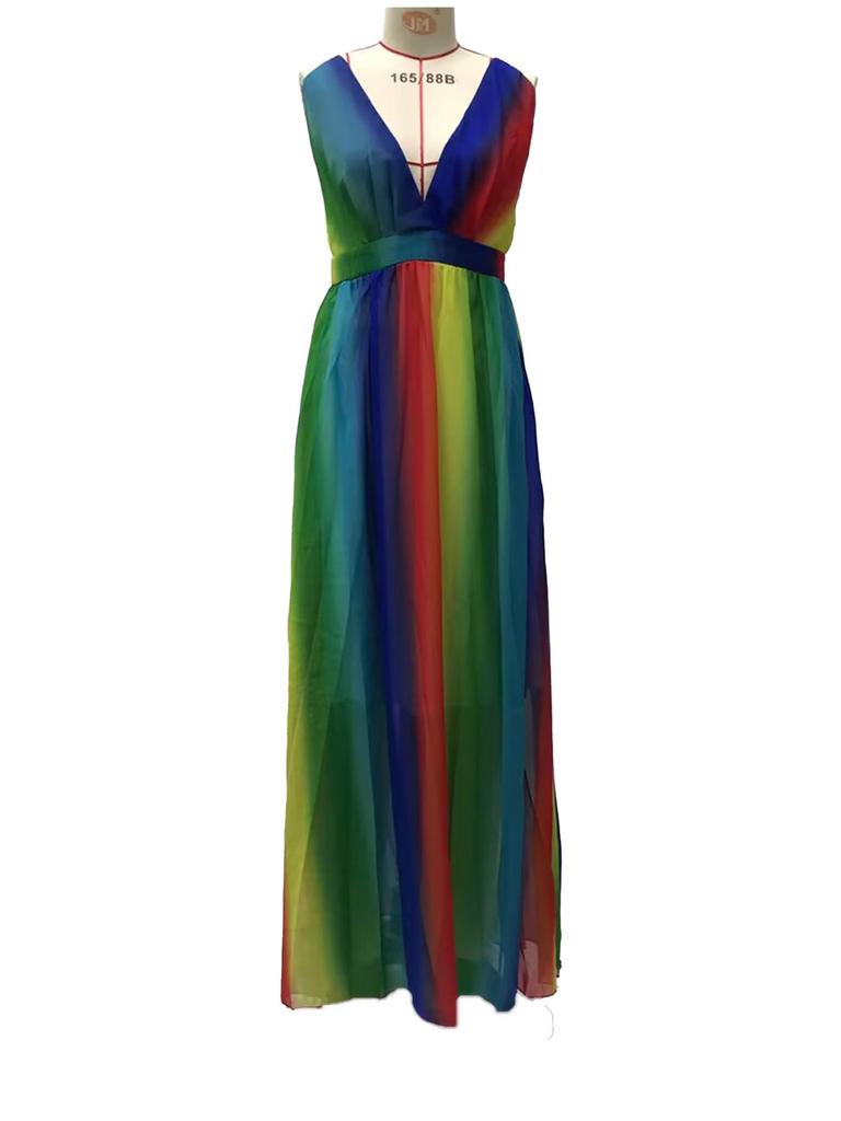 2025 Spring/Summer European & American Women's Sexy Deep V Rainbow Chiffon Dress