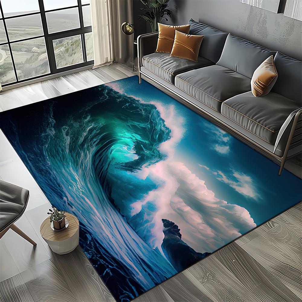 2025 New Style Blue Green Seawater Sea Wave Scenery Carpet Rug for Living Room Bedroom Home Sofa Decoration,Non-slip Floor Mat