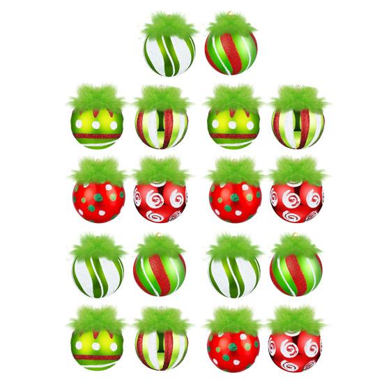 2.4 Inch Christmas Ball Ornaments with Fuzzy Green Hair Glittering Hanging Furry Elf Ball Decoration Red Green Plastic Ball Ornament for Xmas Tree