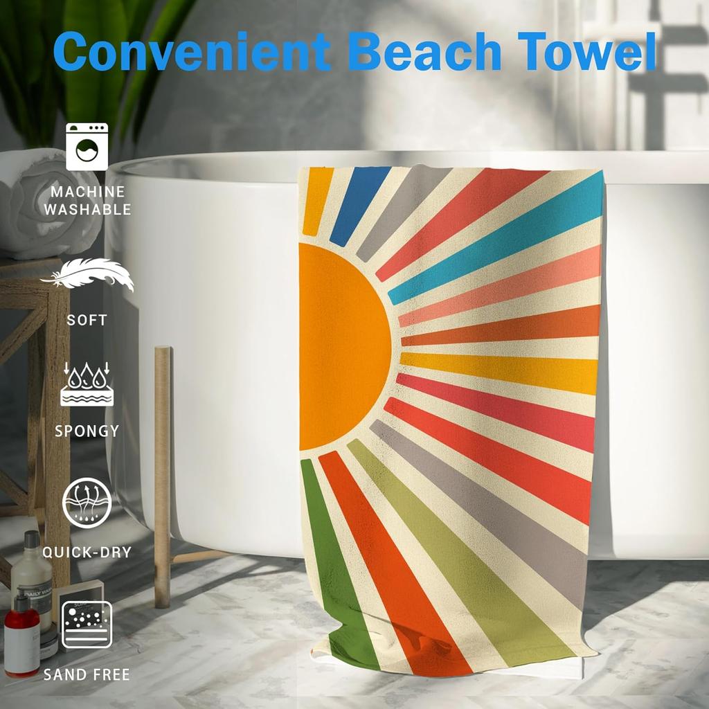 Boho Colorful Sun Sunshine Beach Towel, Sunrise Sunset Microfiber Beach Towels Oversized for Bathroom,Boho Quick Dry Travel Sand