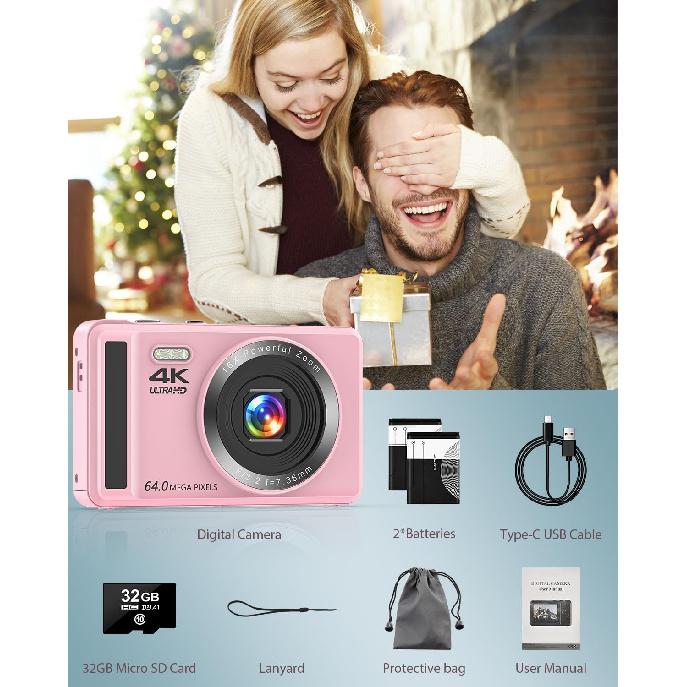 Digital Camera - 4K 64MP Digital Cameras for Photography - UHD Autofocus Point and Shoot Small Camera for Kids - Portable Compact Vlogging Camera