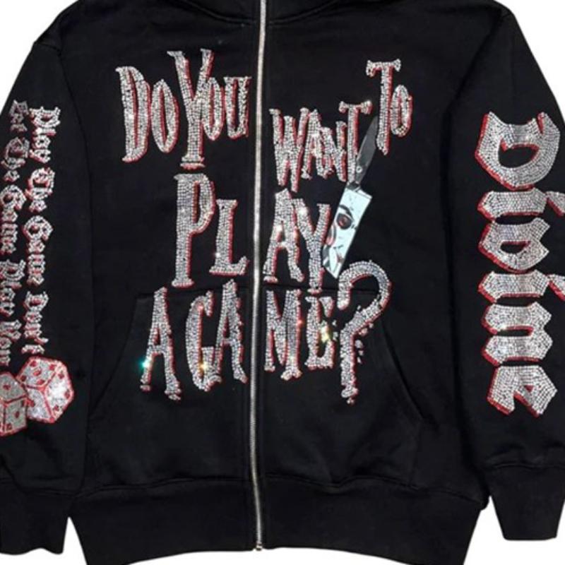 European and American Gothic Hip Hop Hot Diamond Letter Hooded Cardigan Full Chain Loose Men's and Women's Fashion Brand Sweater Coat