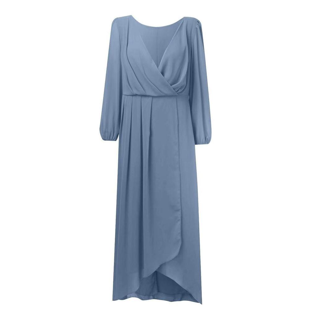 V-neck Solid Color Slim-fit Bridesmaid Evening Dress with Three-quarter Sleeves