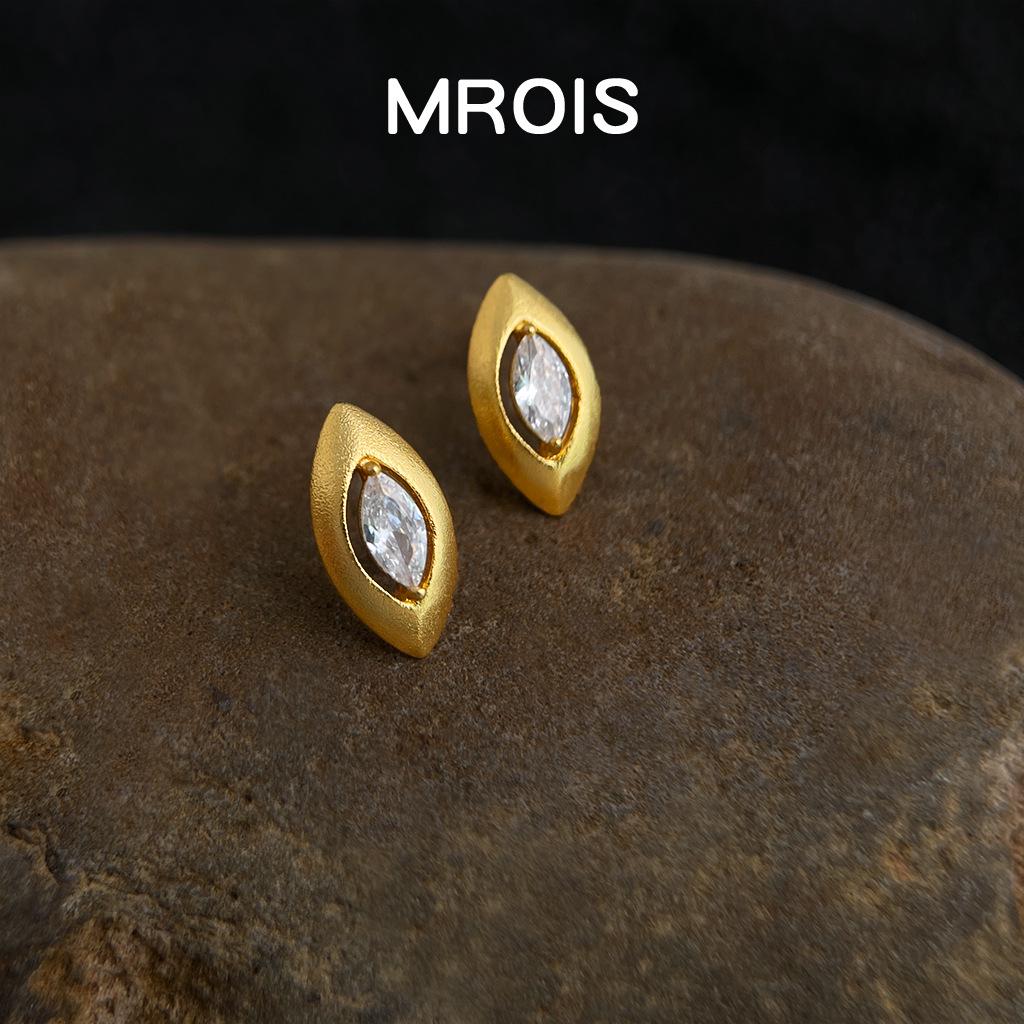 18k Gold Matte Sandblasted Geometric Zircon Marquise Stud Earrings for Women