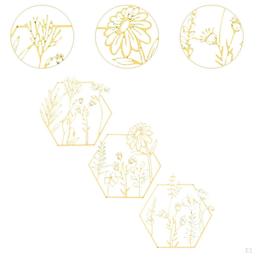 3x Metal Flowers Wall Decor Gold Ornament Art Floral Set Decorating for Porch Housewarming Gifts