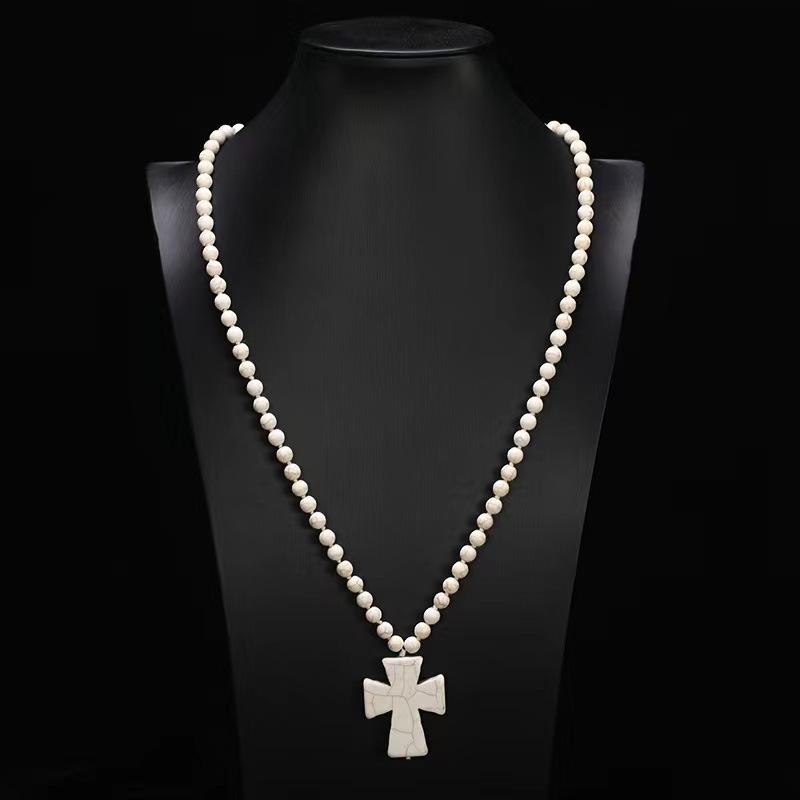JMXD-Bohemian Ethnic Wind Cross Necklace Handmade Beaded Turquoise Long Necklace Simple Wind Cross Pendant
