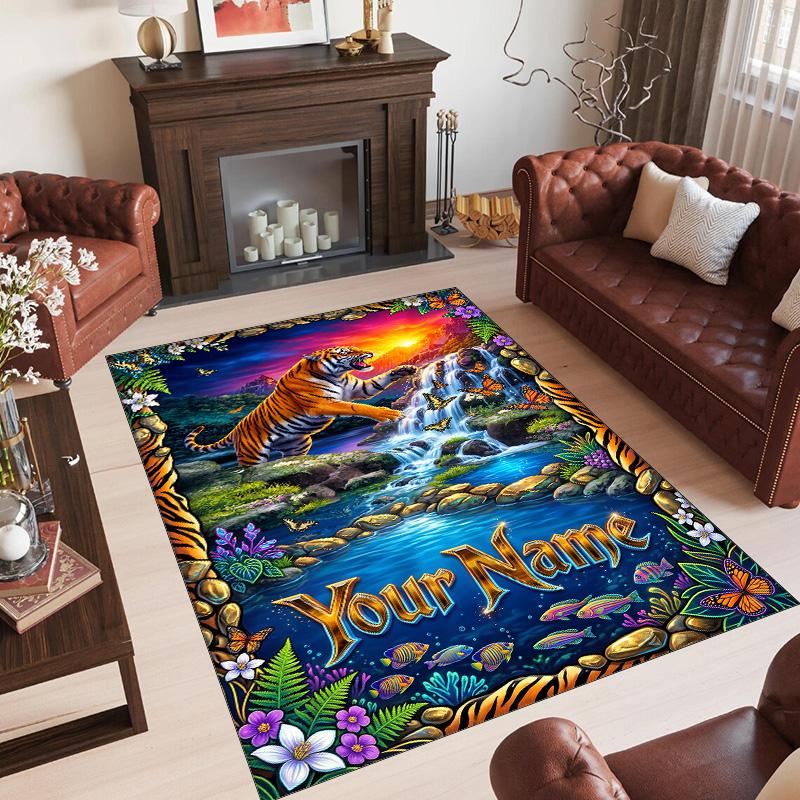 Leopard Theme Crystal Velvet Floor Rug Personalized Custom Name Text Warm Carpet Home Decoration