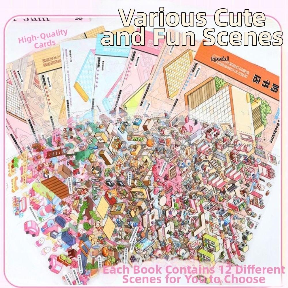 3D Miniature Scene Stickers Stacking Pasting 12 Sences Landscape Sticker Collection Cartoon Cabin Scene DIY Sticker Scrapbooking