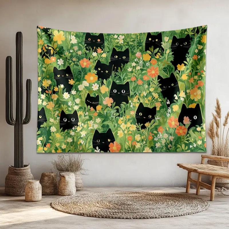 Cute Black Cat Bohemian Tapestry Wall Hanging Aesthetics Natural Decoration Cat Enthusiast Polyester Bedroom Living Room