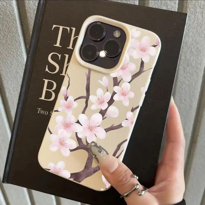 

Gentle Spring Cherry Blossom Pattern Lychee Texture Silicone Phone Case For iPhone 11 12 13 14 15 16 17 Pro Max Plus 17Air Cover iPhone 16e