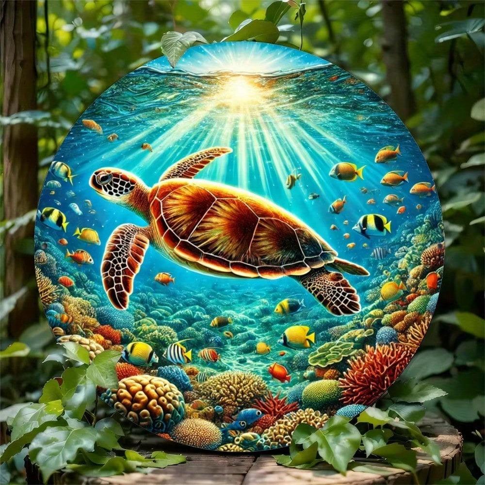 Modern Sea Turtle Metal Wall Art Rustic Ocean Decor Round Metal Sign Home Office