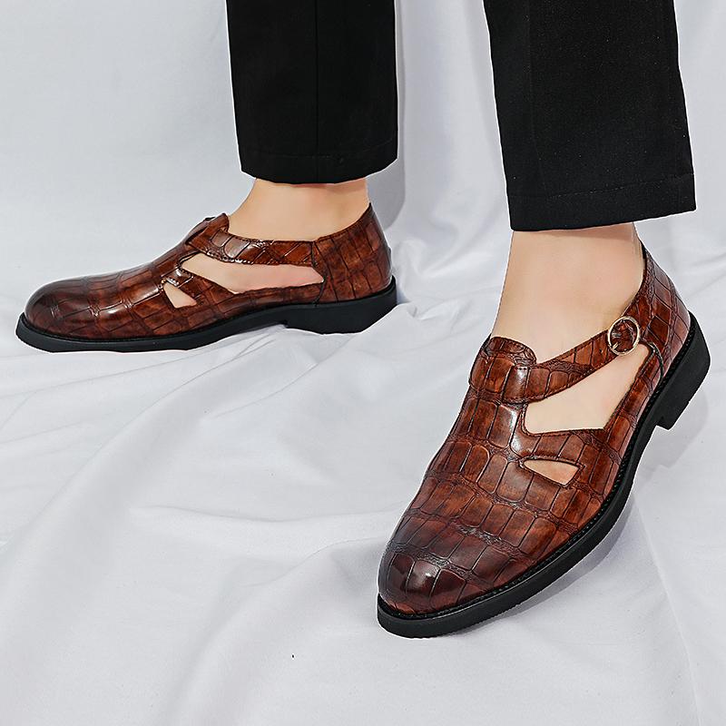 Trend Nieuwe Rome Puntige Neus Casual Leer Geperforeerd Ademende Schoenen voor Mannen Designer Sandalen Bruidsjurk Formele Platte Schoenen