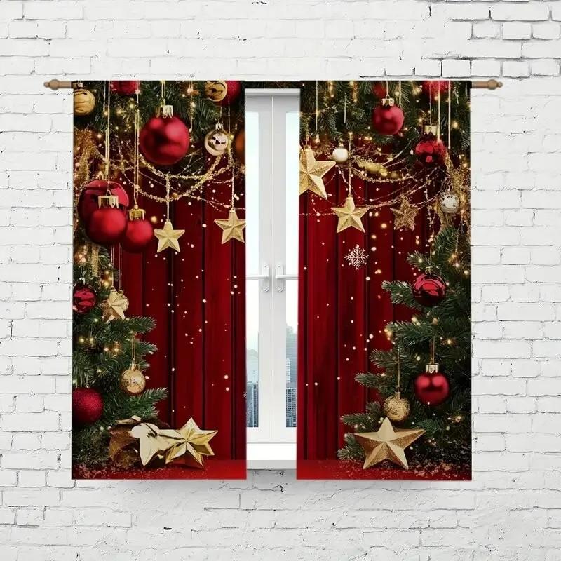 Set Of 2 Jit Festive Starry Curtains Christmas Window Decoration Polyester Home Decor Drapes Curtain Room Darkening Made With Rod Pocket