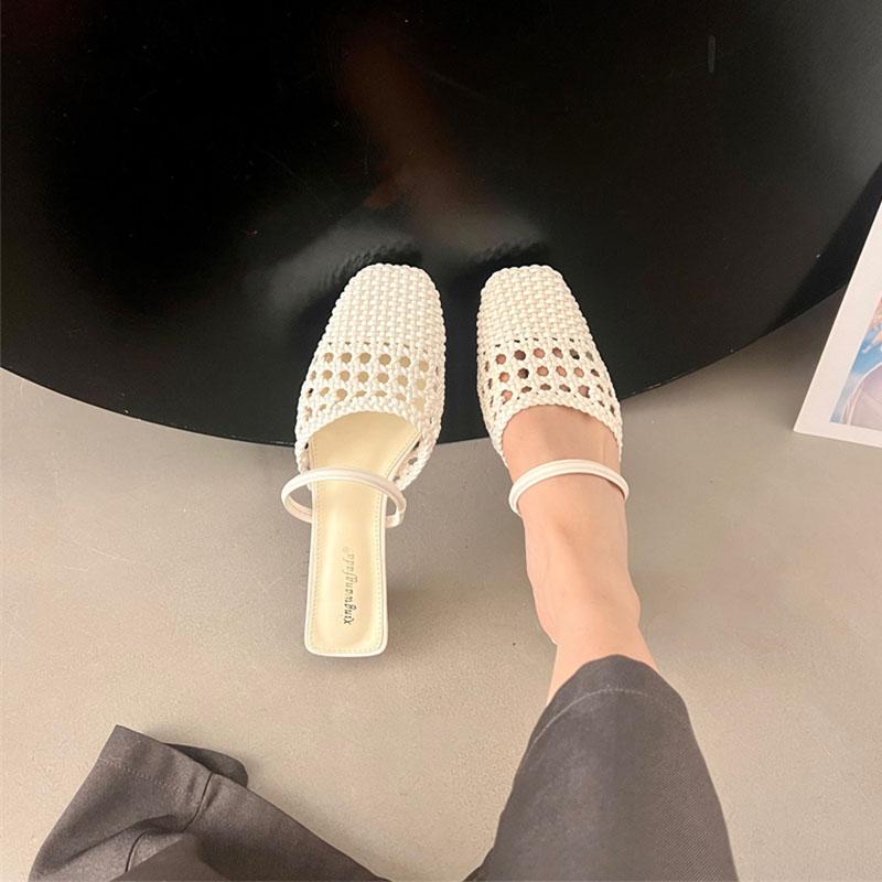 

Fashion Spring Summer Fashion Weave Heels Women Slides Slippers Mules Breathable Hollow Ladies Square Heel Slippers Shoes Female Sandals 35 бежевый