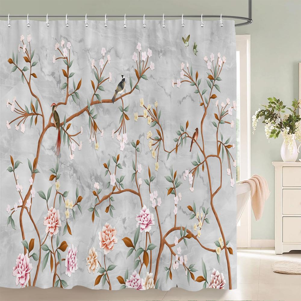 Chinese style Flowers Birds Shower Curtains Printed Bath Curtains Bathroom Waterproof Fabric With 12 Hooks Home Decor Screen