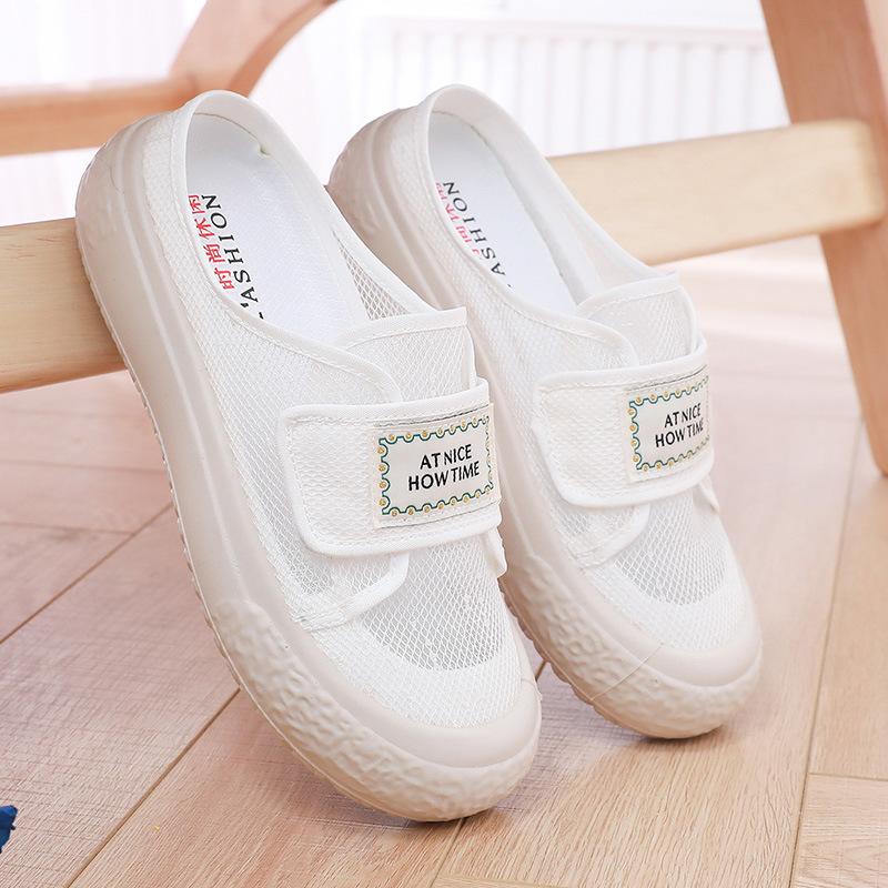New summer women's lace mesh cloth shoes soft sole half drag Velcro lazy shoes casual fashion versatile student shoes