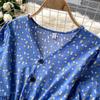 French-Style Retro Floral Dress with Puff Sleeves and Button-Up Slim Fit