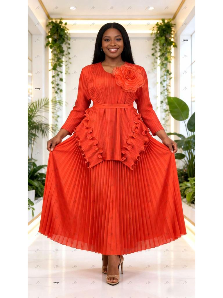 Miyake Plus Size African-Inspired Pleated Ruffle Irregular Two-Piece Set - Women's Fashion