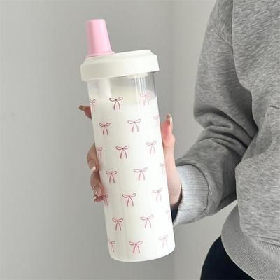 Pink Bow Print Water Bottle with Straw Lid 700ml Cute Tea Cup Portable Milk Juice Container for Outdoor School Travel