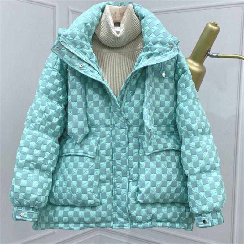 New Checkerboard Down Jacket Women's Short Hooded Loose Thickened White Duck Down Jacket Trend