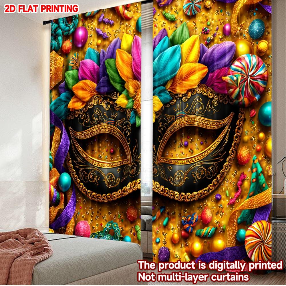 2D flat printing 2pcs Curtain Drapes Carnival Mask with Flowers Digital Printed Polyester Drapes Festive Curtains for New Year