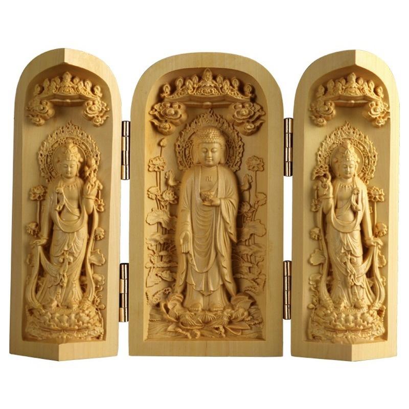 1 Stück Exquisite Buchsbaum-Schnitzerei Guanyin Buddha Statue Westliche Drei Heilige Holzschnitzkunst Handwerk Heimdekoration