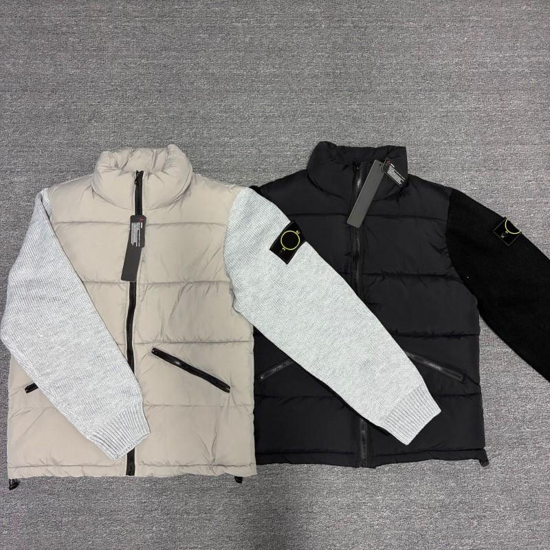 Mens Stand Collar Cotton Puffer Jacket With Knit Sleeve Panel Streetwear Style Zipper Front Loose Fit