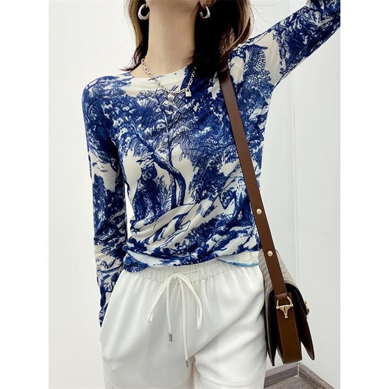 Women's Korean Fashion Vintage Print Elegant Knitted Sweater Harajuku Casual Chic Long Sleeve Knitwear Slim Basic Pullover Tops