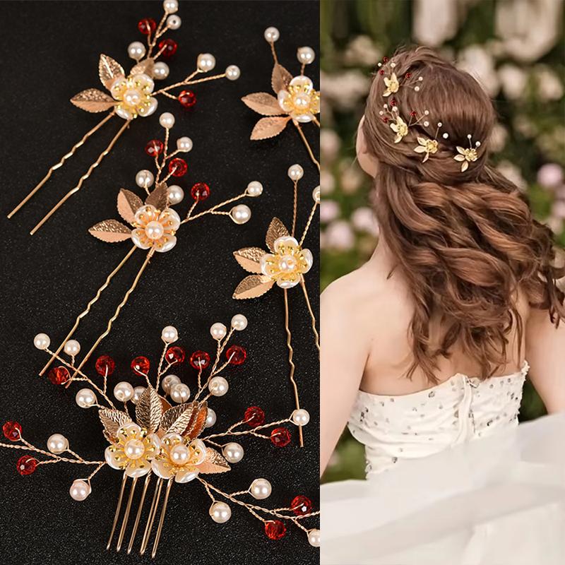 5PC Pearl Floral Ornament Leaf Vintage Gold Retro 5-Pack Exquisite Hair Clips Fairy Hair Forks Elegant