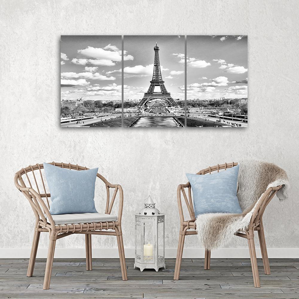 Three Piece Picture Canvas Print Black and White Eiffel Tower