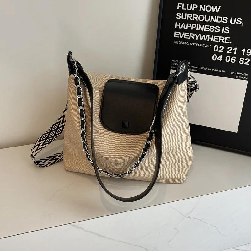 Combination Color PU and Fabric Shoulder Bag for Women Square Closure Zipper Large Capacity Luxury Sense Crossbody Bag for Women