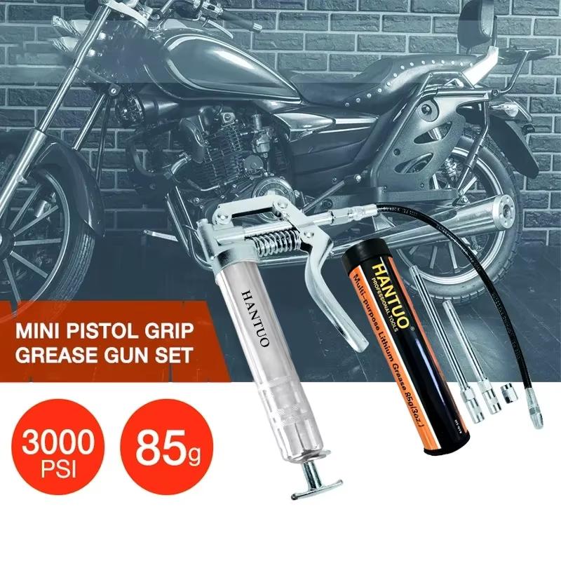 Grease Gun 3000 PSI Pistol Grip 3 oz Load 18Inch Spring Flex Hose 2Grease Couplers 2Extension Rigid Pipes and 1Sharp Type Nozzle