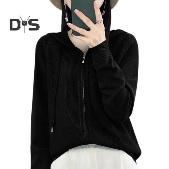 Women Sweater Coat Hooded Drawstring Long Sleeve Double Zippers Knitting Coat Solid Color Loose Fit Jacquard Outwear