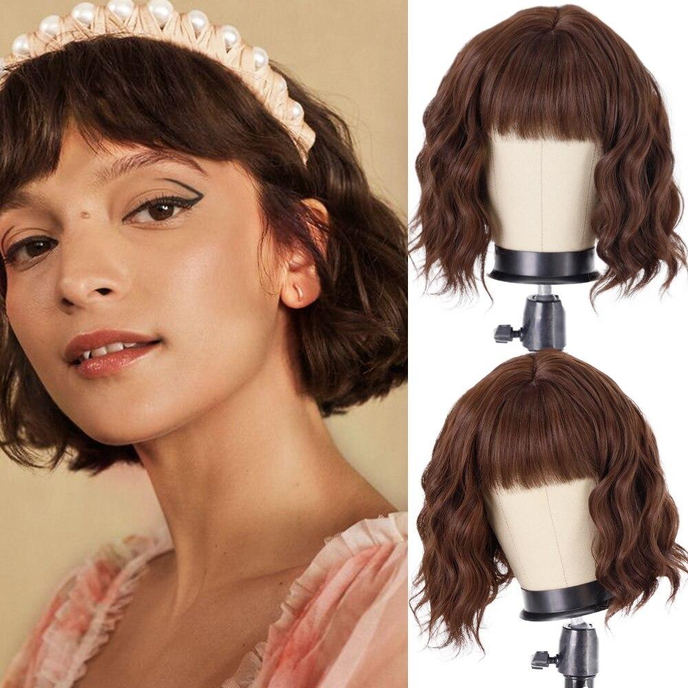 MISS WIG Women Fashion Short Wavy Wig with Bangs Synthetic Fiber Pure White Wavy Wig Cosplay Halloween Party Wear
