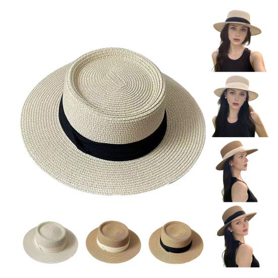 French Style Straw Hat with Large Brim Ribbon Decor Foldable Sun Protection Hat Summer Beach Travel Vacation Hat