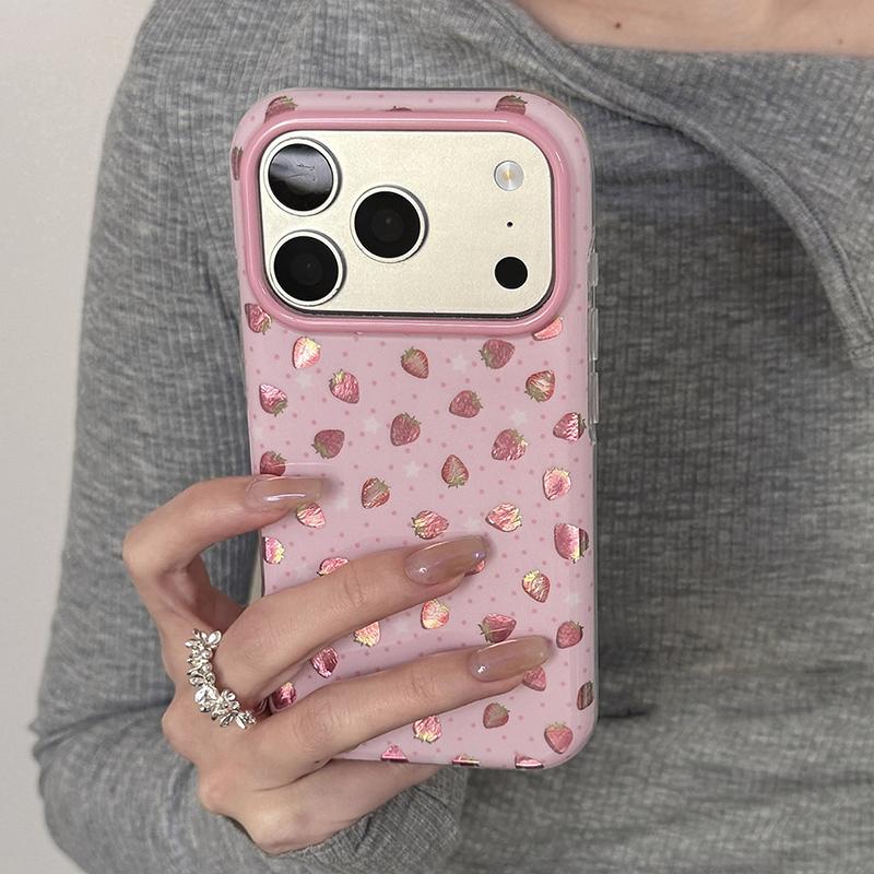 Ins Sweet Cute Bling Pink Strawberry Shockproof Phone Case For iPhone 13 14 15 16 17 Pro Max Hard IMD TPU Back Cover