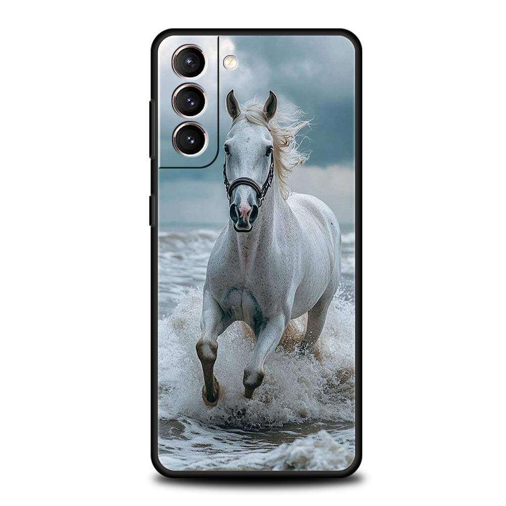 Black White Horses Galloping Phone Case For Samsung Galaxy S26 Ultra S25 Plus S24 FE S23 S22 5G S21 S20 Cover Black Soft
