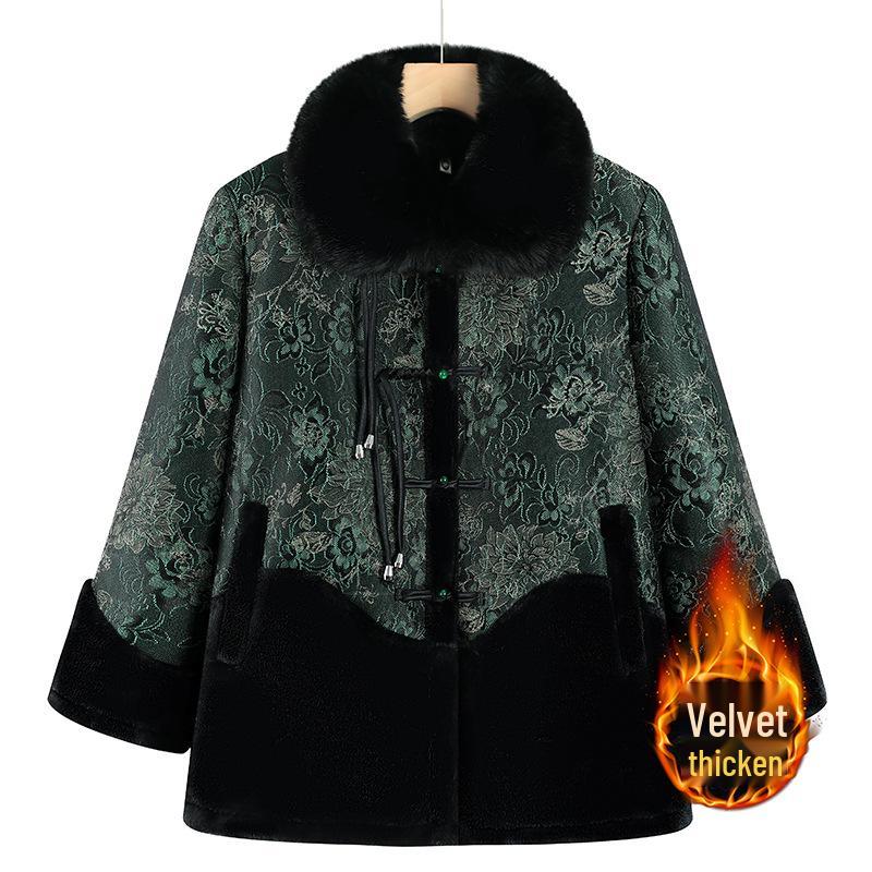 

Women s Winter Outerwear: Fur-Collared Coat, Fleece-Lined Cotton Jacket, Warm Tops for Moms and Grandmas 5XL (150-165 jin) зелений