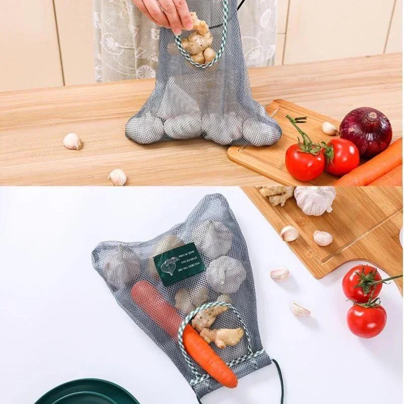 Kitchen Supplies Reusable Mesh Storage Tote Bag Portable Grocery Fruit Vegetable Washable Cotton Mesh Rope Storage Bag Tools