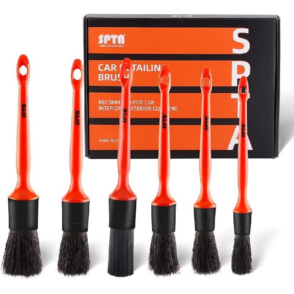 SPTA Car Detailing Brush Kit - 6 Pack, Auto Boar Hair Detail Brush Set Automotive Interior Exterior No Scratch Microfiber Detailing Brushes for 6 Pcs Car Detailing Brush