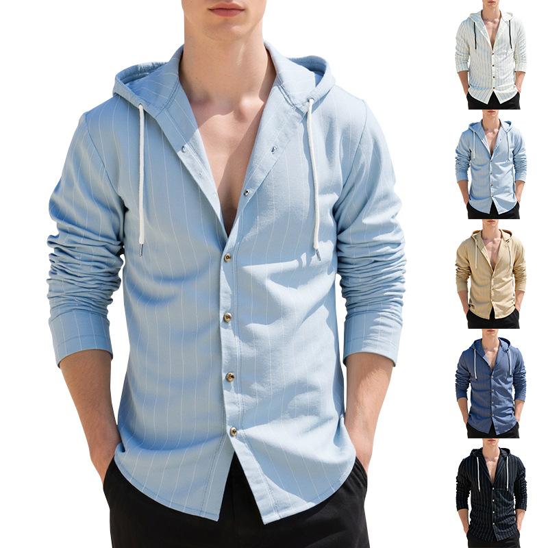 Camicia casual da uomo a tinta unita a maniche lunghe con cappuccio e cardigan con coulisse