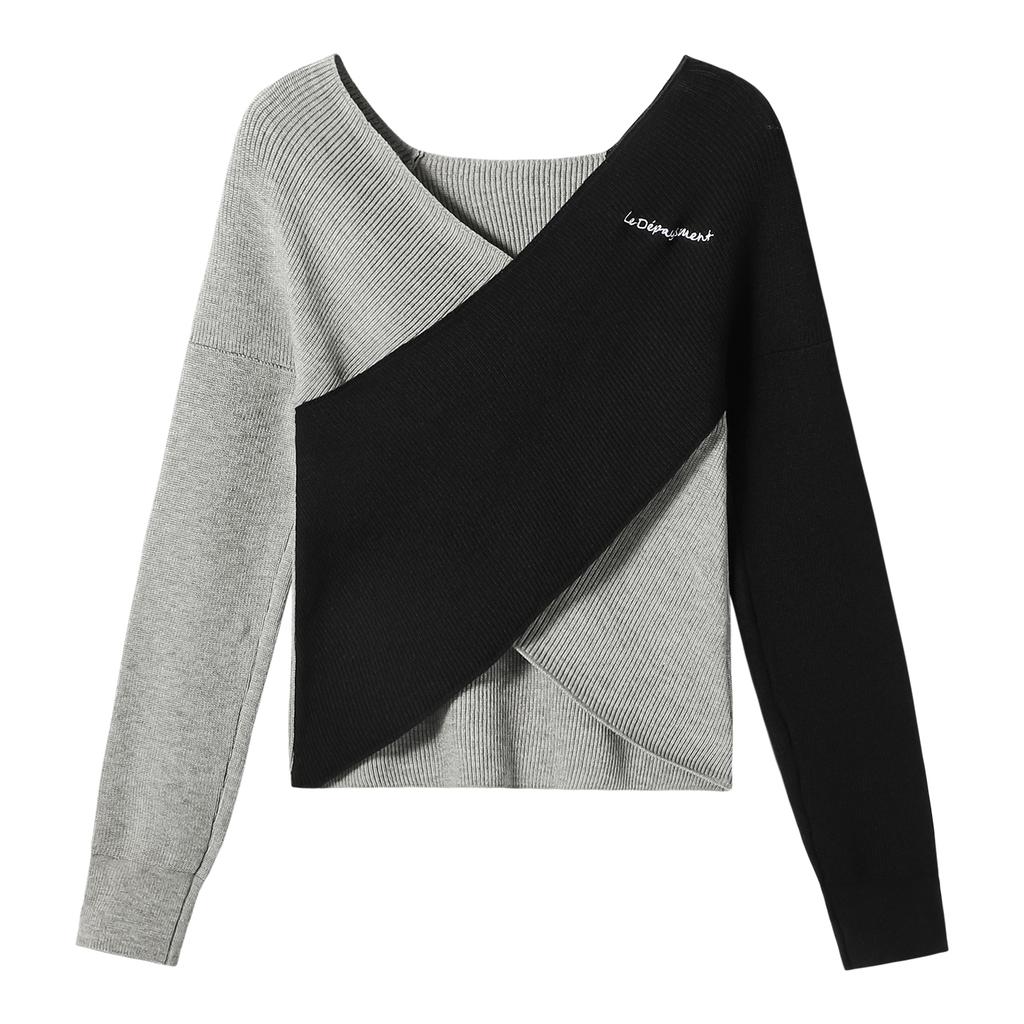 Embroidered Cross-V-neck Knitted Sweater for Women, Autumn Spice Girl, Patchwork Slit Short Top, Base Layer T-shirt