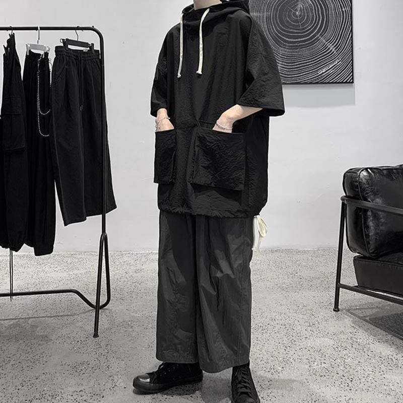 Summer and Autumn Hooded Short-sleeved T-shirt Men's Korean Version Half-sleeved Sweater Men's All-match Student Loose Hooded 5-point Sleeve Top