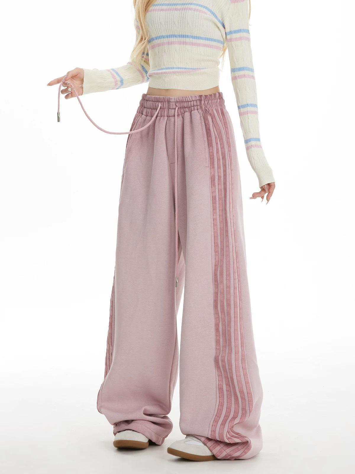 

Американские ретро полосатые спортивные штаны женские 2025 - Весенне-осенние повседневные широкие штанины 4XL розовый