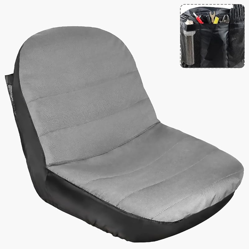 Tractor Seat Cover, 600D Oxford Cloth Waterproof Lawn Mower Seat Protector, Universal Riding Mower Seat Cover with Pocket for 12.5”-14”H Seats